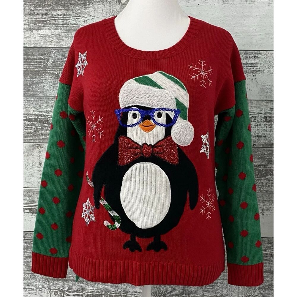 United States Sweaters Womens M Christmas Penguin Glasses Bow Sequins Polka Dots